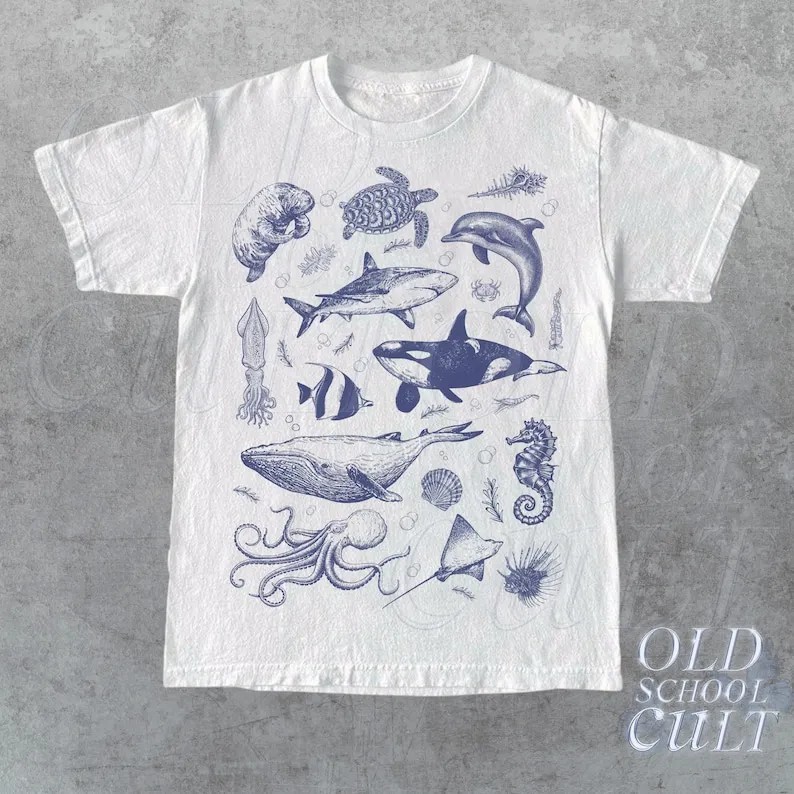Винтажная футболка в стиле 90-х с татуировкой морских животных ретро-футболка
