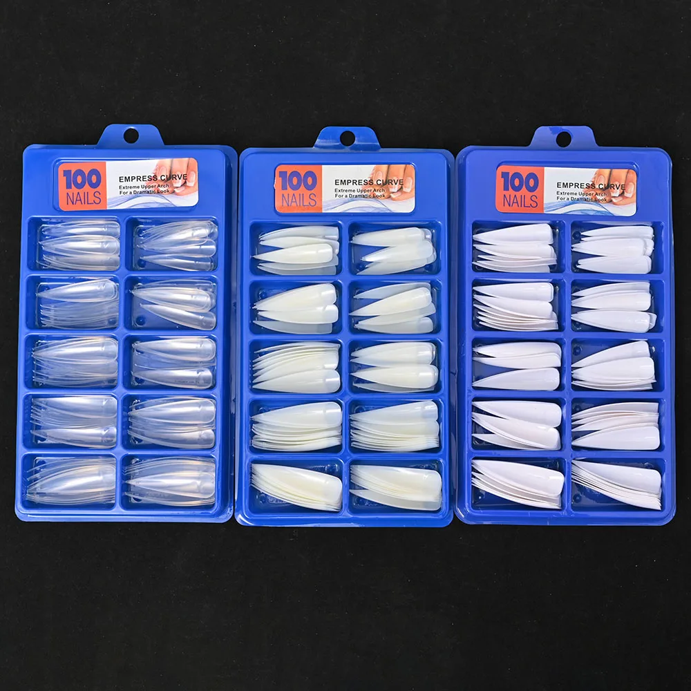 

100 Pcs False Nail Art Tips French Natural Transparent White Coffin False Nails Tips Pointed Acrylic Artificial Nail With Design