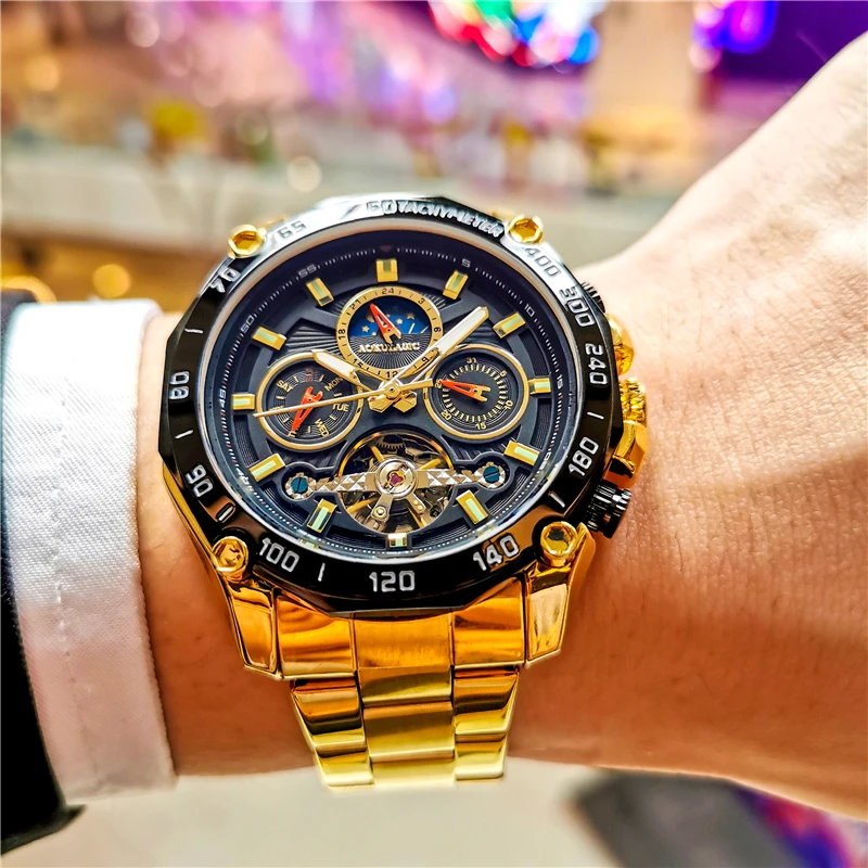 

AOKULASIC Роскошные автоматические механические мужские часы лучший бренд многофункциональные стальные часы Лунная фаза relogio masculino de luxe