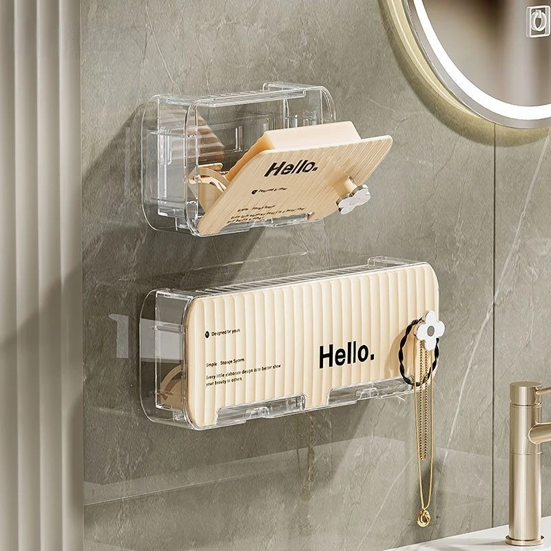 

Double-Compartment Soap Storage Rack Wall-Mounted No Punching Hairpin Debris Drain Rack With Cover Bathroom Storage Accessories