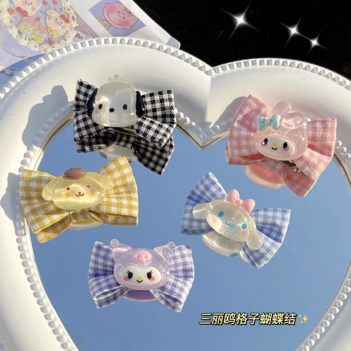 

Sanrio Fabric Plaid Bow Hair Clip Ins Cinnamoroll My Melody Kuromi Cute Sweet Girl Heart Cartoon Duckbill Clip Bangs Headdress