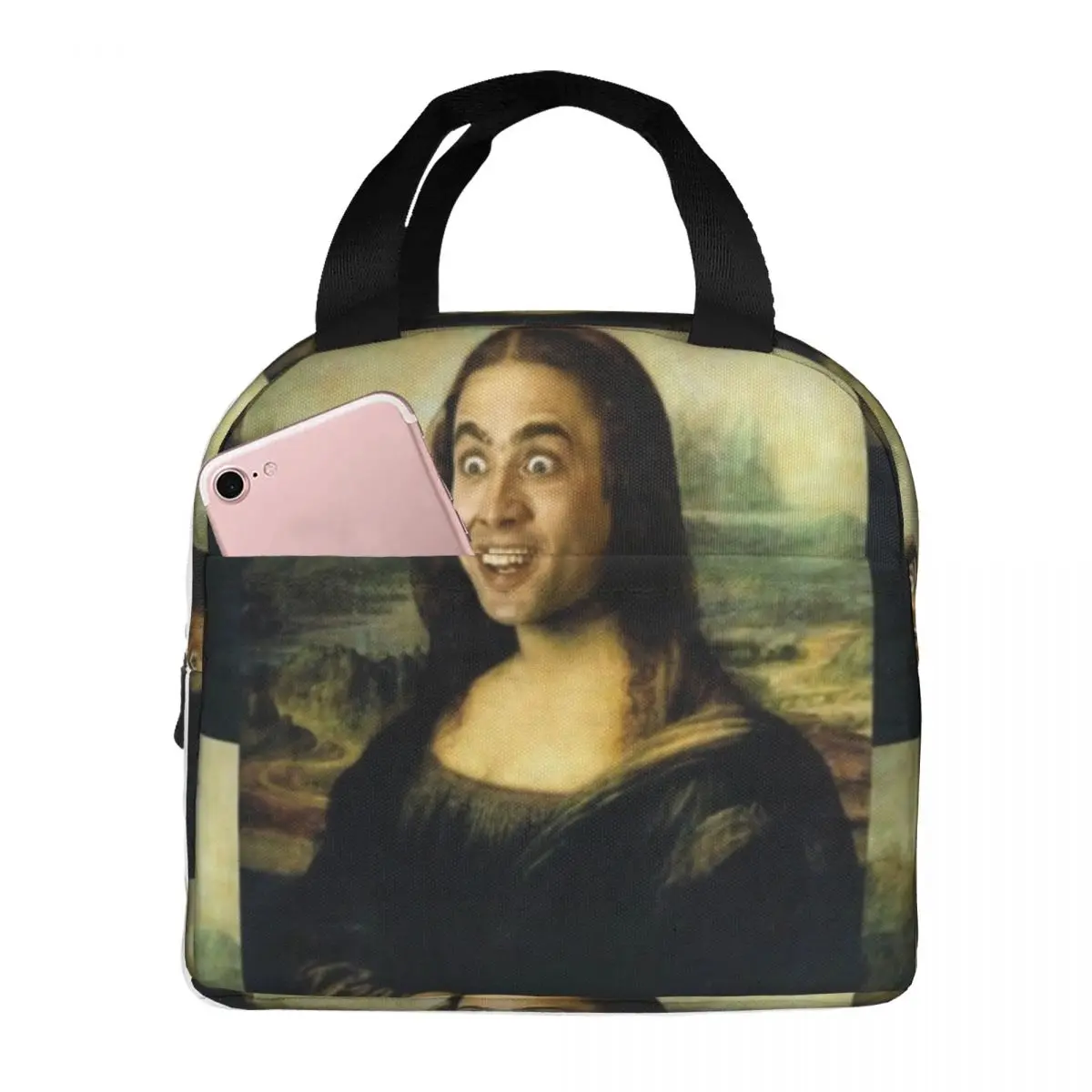 

Nicolas Cage Meme Lunch Bag with Handle Funny Mona Lisa Zipper Cooler Bag Camping Modern Meal Thermal Bag