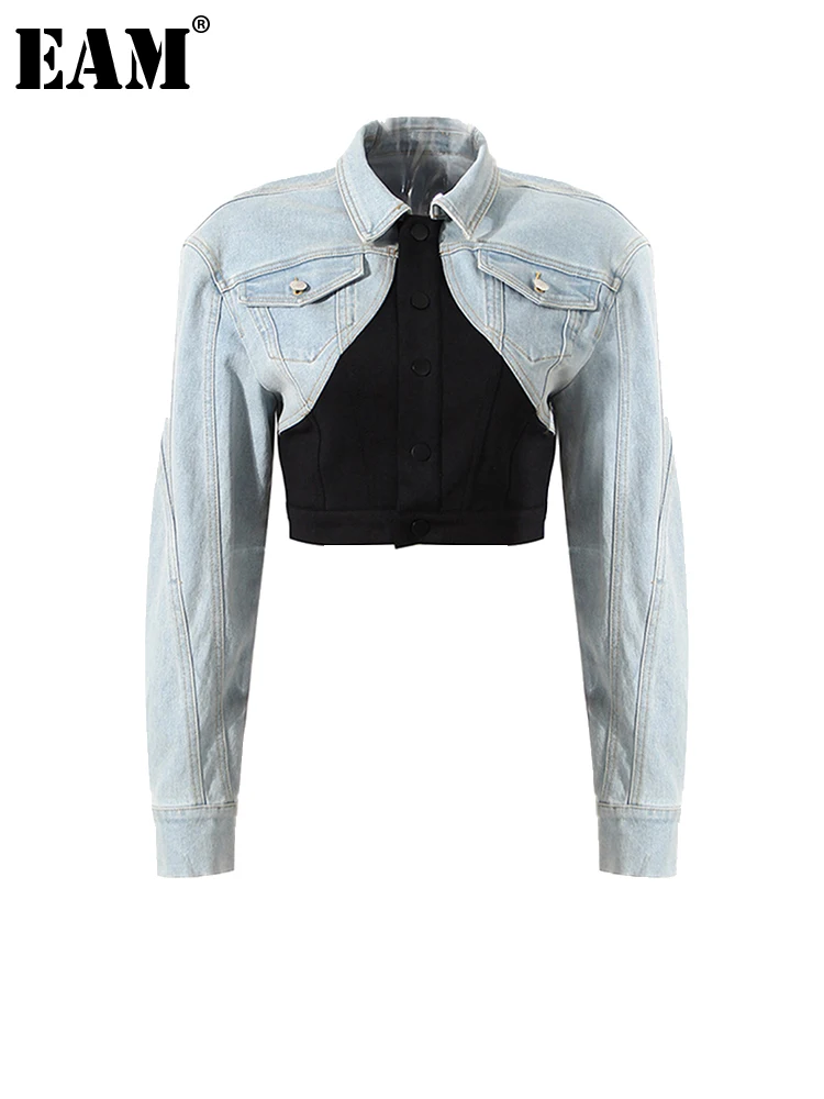 

[EAM] Loose Fit Blue Denim Irregualr Short Jacket New Lapel Long Sleeve Women Coat Fashion Tide Spring Autumn 2022 1DE4277