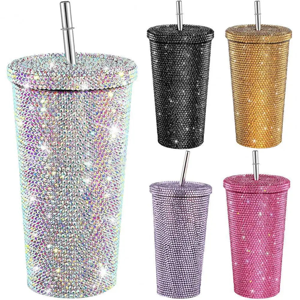 

500ml Straw Cup With Lid Reusable Rhinestone Stainless Steel Double Layer Thermos Cups Women Glitter Cup Water Bottle Gift 2023