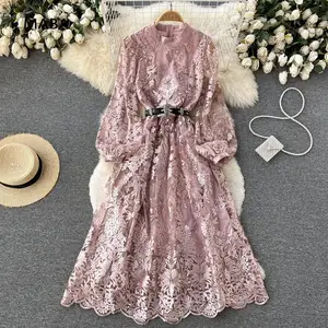Runway Mesh Dresses Women 2022 Spring Stand Collar Lantern Sleeve Sashes Embroidery High Quality Luxury Party Pink Maxi Dress