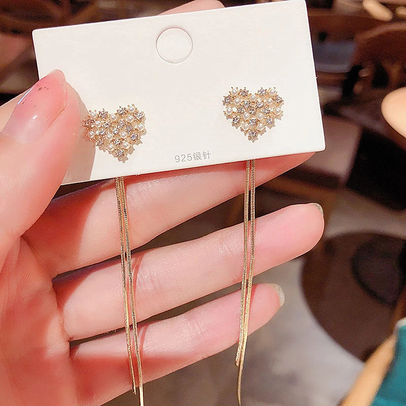 

Korean Fashion Shiny Long Dangle Earrings For Women Full Crystal Pearl Heart Tassel Drop Earring Vintage Brincos Jewelry Gifts