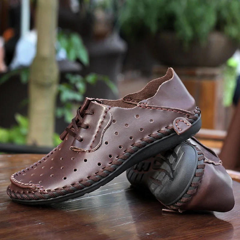 

Summer and Autumn Men's Casual Shoes Breathable British Leather Soft Sole Lazy Hollow Large Leather Shoes Bean Shoes