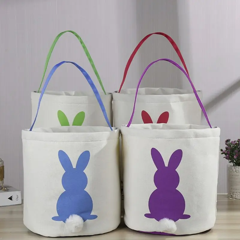 

67JE Easter Egg Rabbit Bunny Tail Basket Canvas Carrying Bag Tote Bucket Holiday Cele