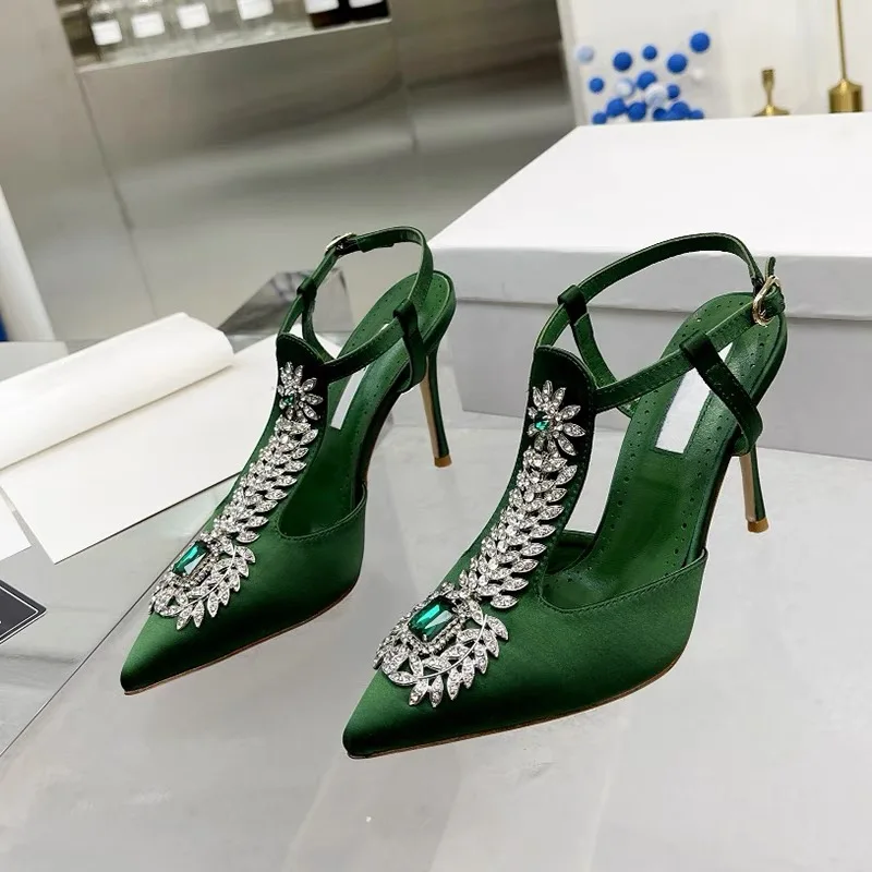 2023 Spring and Summer Rhinestone Sandals Pointed Toe Buckle Baotou Stiletto Satin Crystal High Heels Women