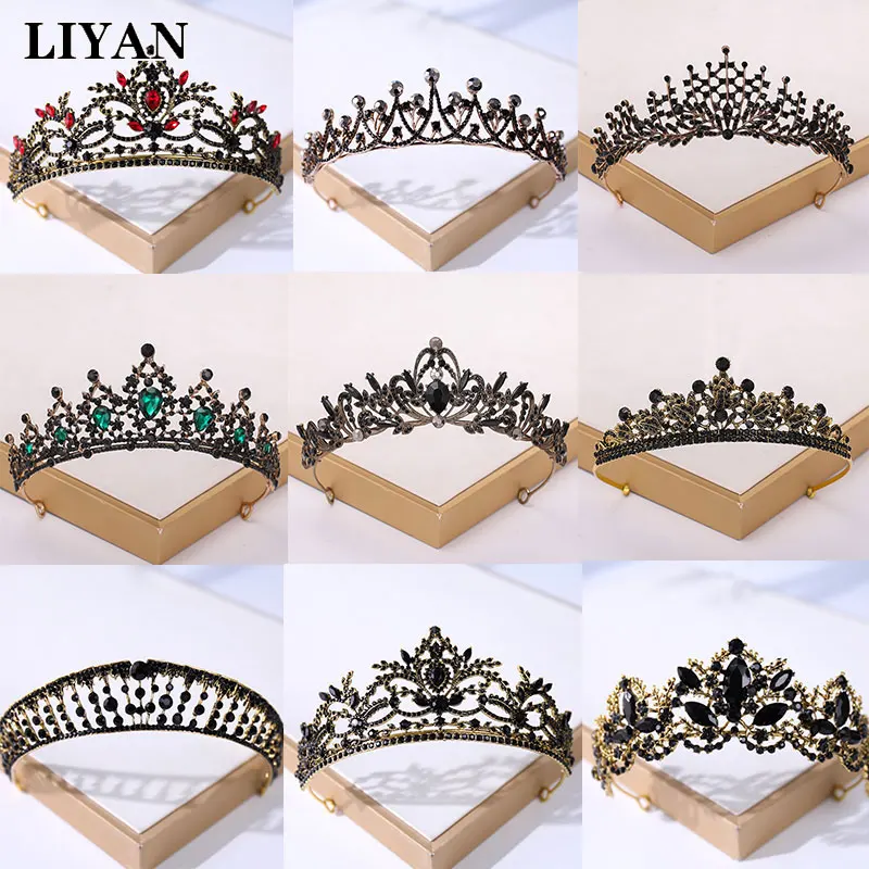 

LIYAN элегантные свадебные аксессуары для волос в стиле барокко Стразы корона королевы принцессы винтажные черные короны тиара