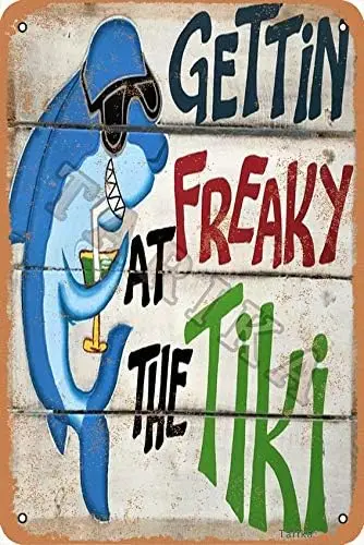 QSHPO Gettin Freaky At The Tiki Металлическая вывеска Винтажный декор для бара Акула Напиток