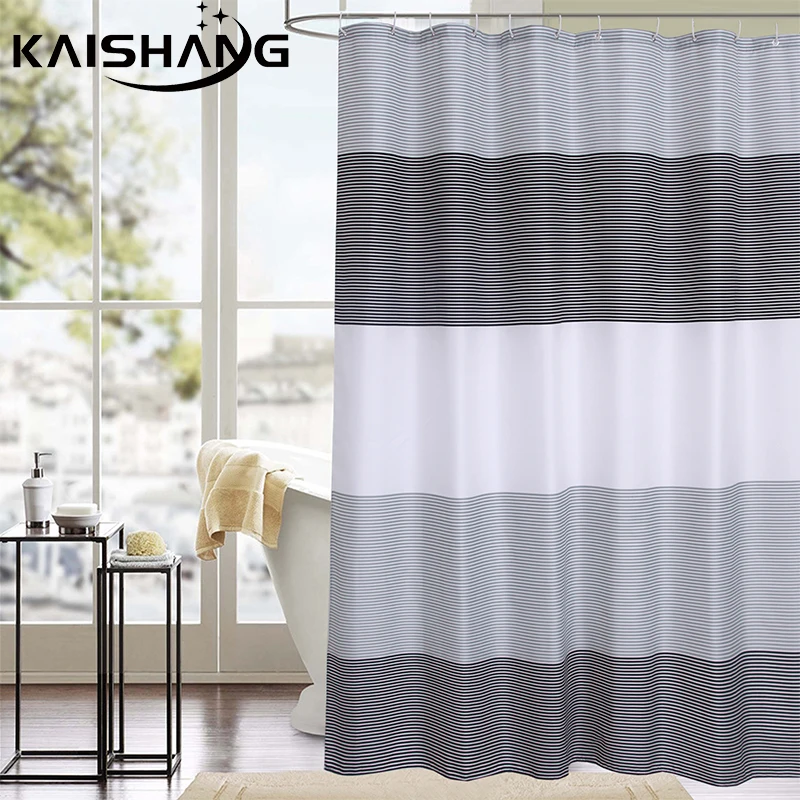K-water Shower Curtains High Quality Transverse Stripes Polyester Fabric Bathroom Curtain Waterproof  Hooks Accessories