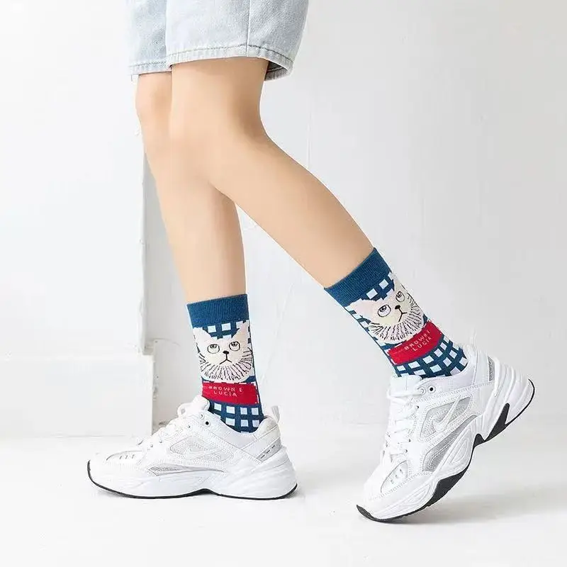 5 Pairs of Socks French Cats Men and Women Personality Tide Socks Retro College Style Medium-length Socks Novelties 2022 Trend