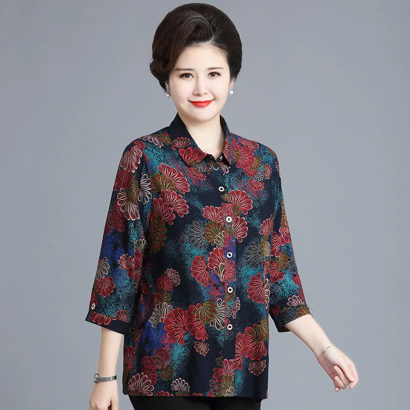 

Women Long Sleeve Shirts Summer Elegant Shirt Summer Cardigan with Print 2022 Loose Vintage Middle-aged Womens Blouses