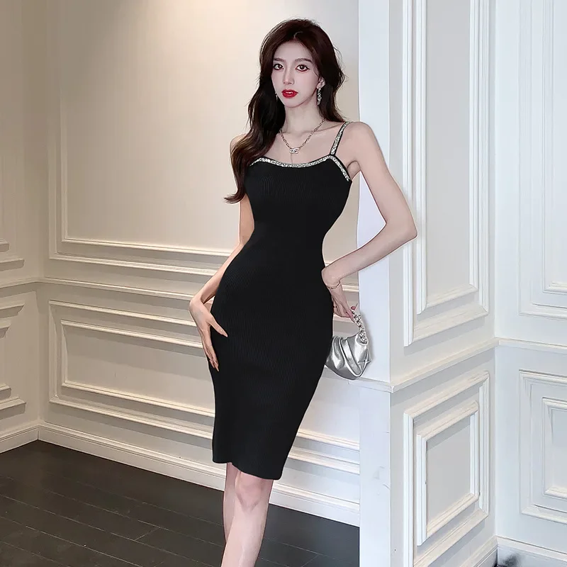 2024 Summer Women's Fashion Rhinestone Embellished Tank Dress Sexy Waist-Fitted Knit Korean Style With Backless Design
