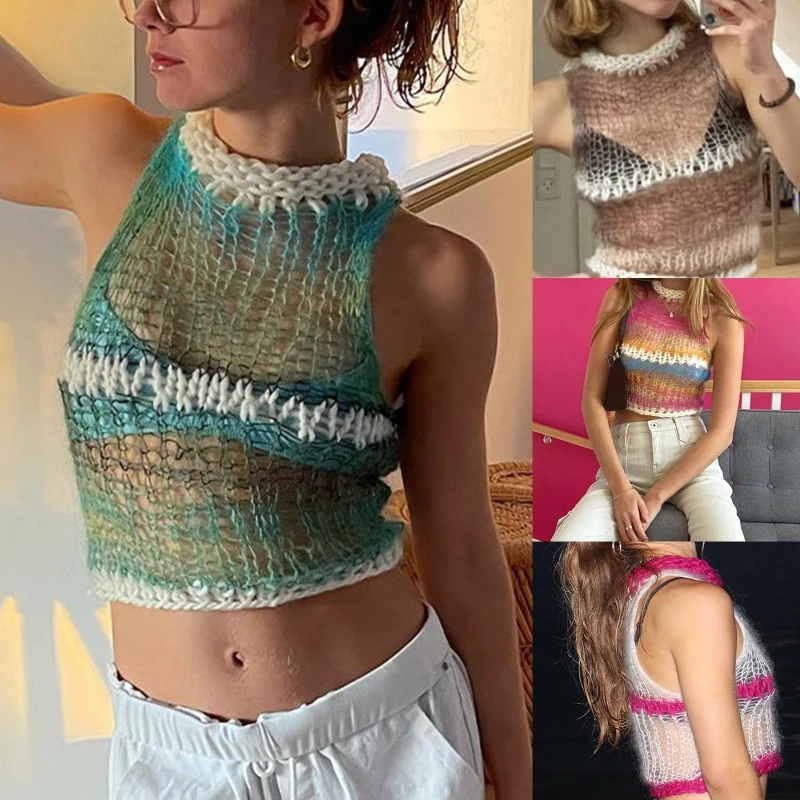 

Women Sleeveless Sexy Hollow Out Knit Crop Tank Top Gradient Contrast Color Patchwork Mock Neck Slim Beach Vest Cover Up