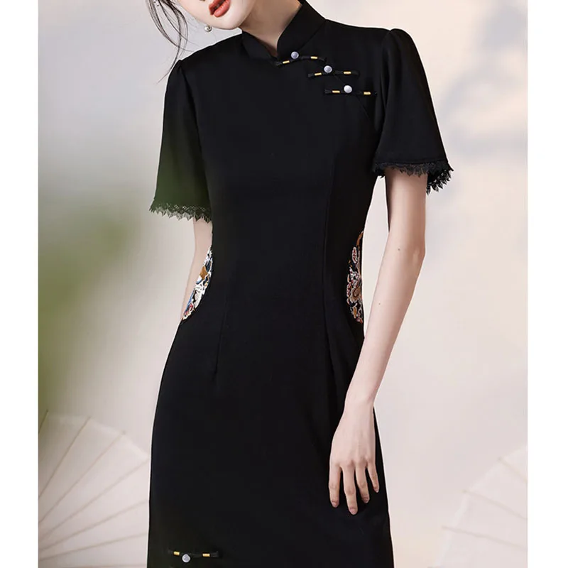 

Черное китайское традиционное платье, элегантное женское модное ТРАПЕЦИЕВИДНОЕ ПЛАТЬЕ