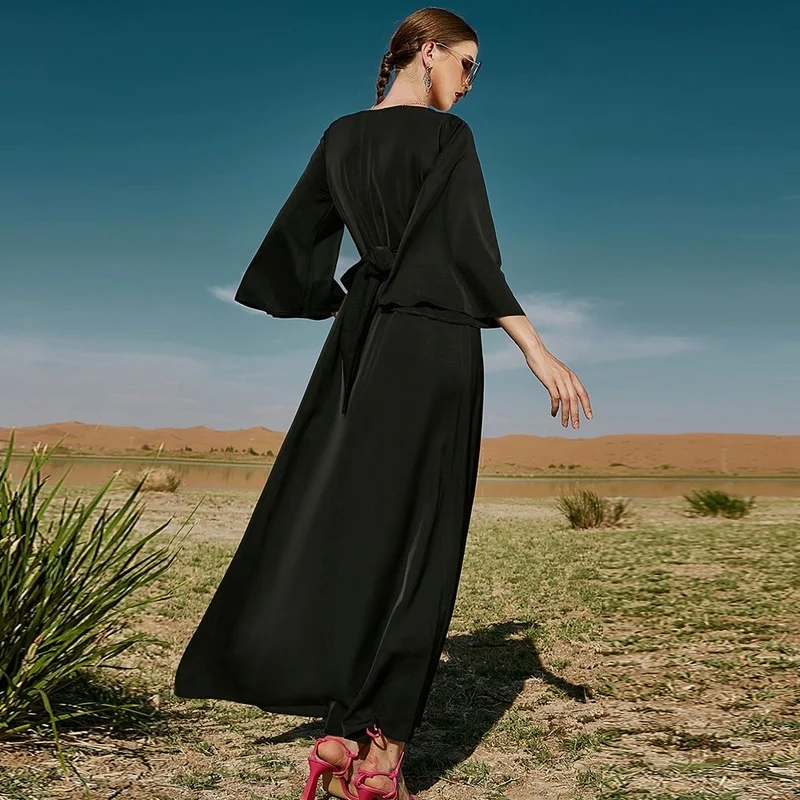 Black Morocco Kaftan Women Muslim Dress with Belt Saudi Arabia Jalabiya Handcraft Diamond Dubai Abaya Party Islam Modest Clothes