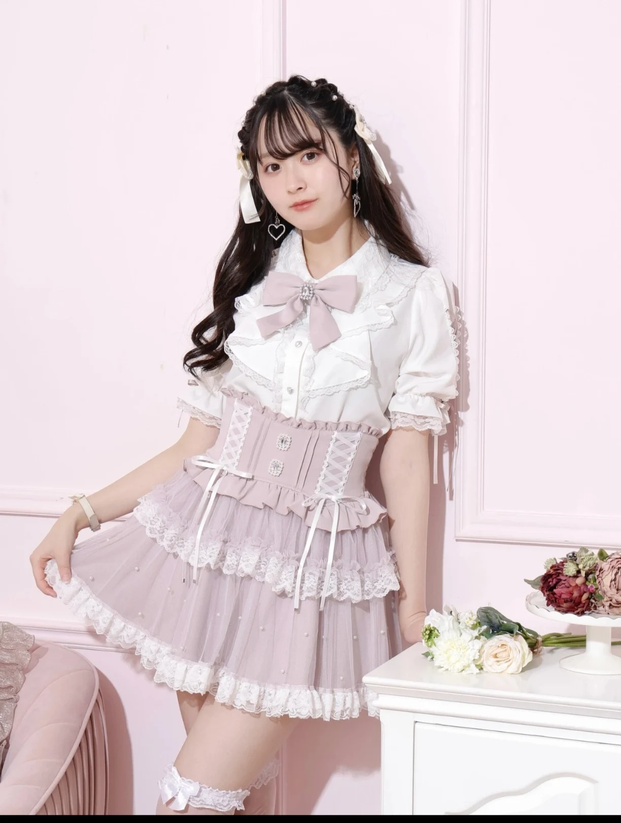 Милая двухслойная юбка-тортик в японском стиле с большим бантом и бисером