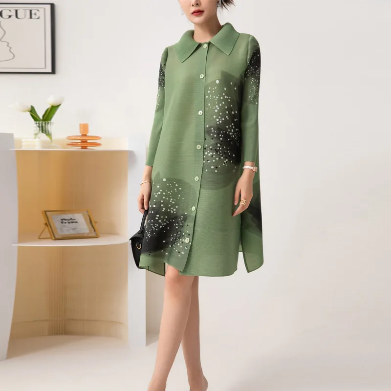 

Miyake Pleated Print Loose Large Size Dress New Women's 2022 Summer Square Collar Single Breasted Midi Dress Dress for Women