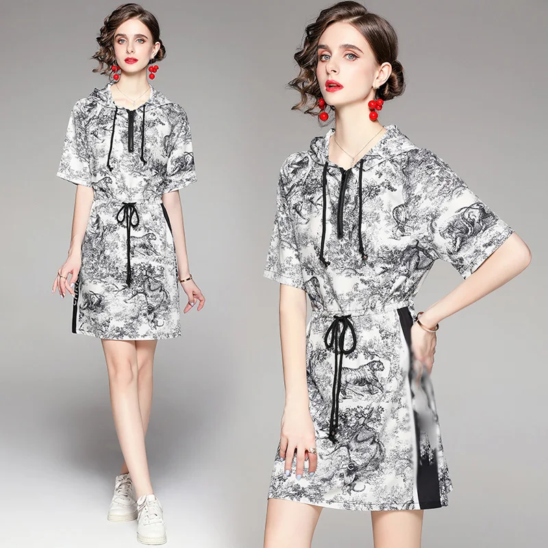 

Design Letter Tie-dyed Print Korean Hooded Dress 2022 Summer Short Sleeve Casual Fashion Sportwear Drawstring Waist Mini Dress
