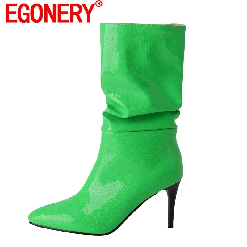 

EGONERY Woman New Style Mid Calf Boots Pointed Toe Thin Heel Fashion High Heels Winter Shoes Ladies Slip On Party Boots 34-43