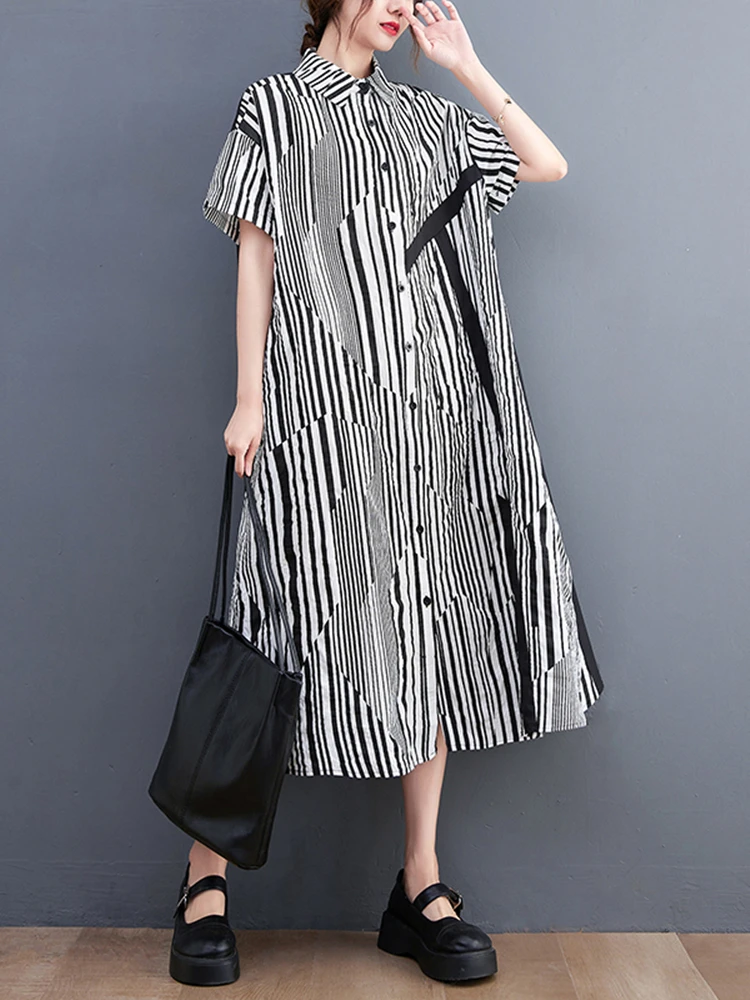 

Oversized Striped Print Shirt Dress Summer Woman Casual Women Korea 2022 New Ladies Loose Shirts Dresses Big Size Cotton Dress