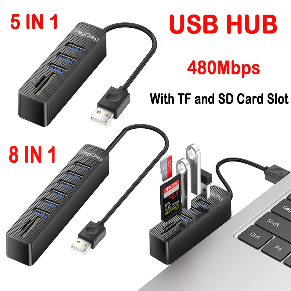 

5/8 IN 1 USB HUB Splitter Adapter 480Mbps Multi Port USB Splitter Splitter Docking Station wuth TF/SD Card Slot for Macbook PC