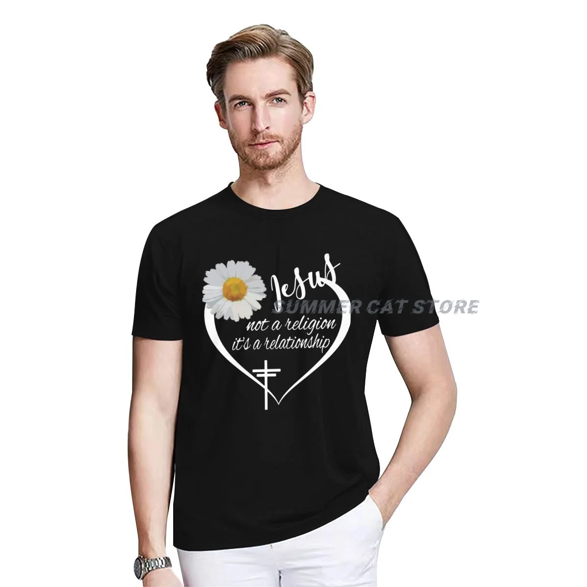 

Jesus Not A Religion It's A Relationship Daisy Christian Men's T-shirt Summer Loose Essentials Couple Top Tees T Shirt