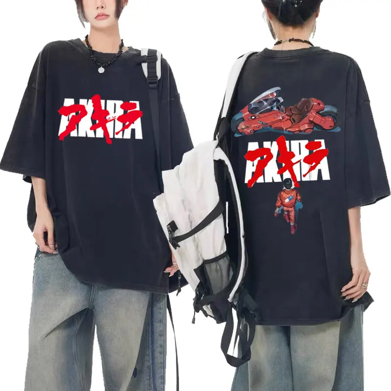 

90s Japanese Anime Akira Synthwave T-shirt Summer Men Fashion Wash Vintage Black T Shirts Man Hipster Loose Fitness Style Tshirt