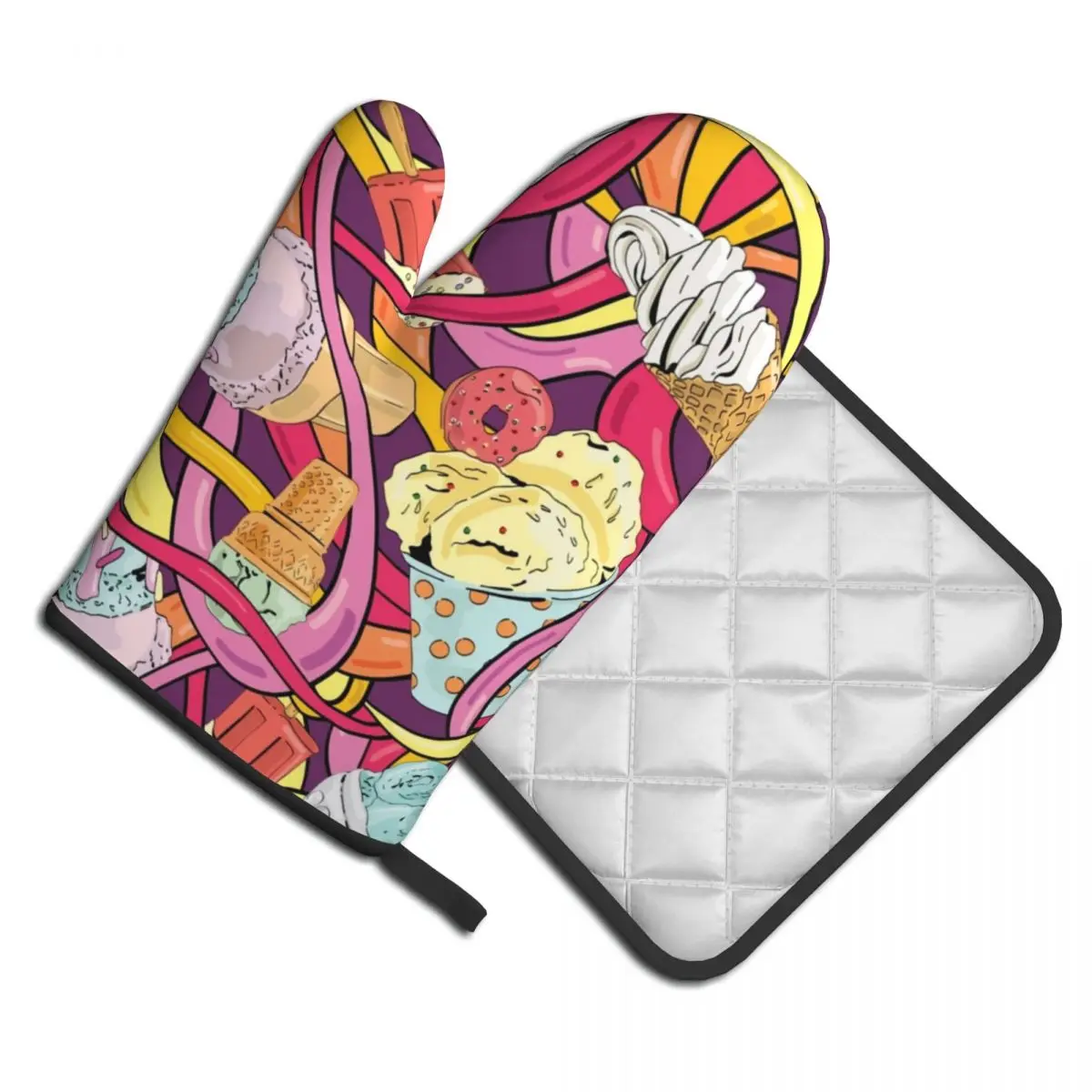 

Abstract Ice Cream 2pcs Mitt Hot Pad Funny Food Print Microwave Oven Kitchen Gloves Grill Air Fryer Insulation Oven Mitts Set