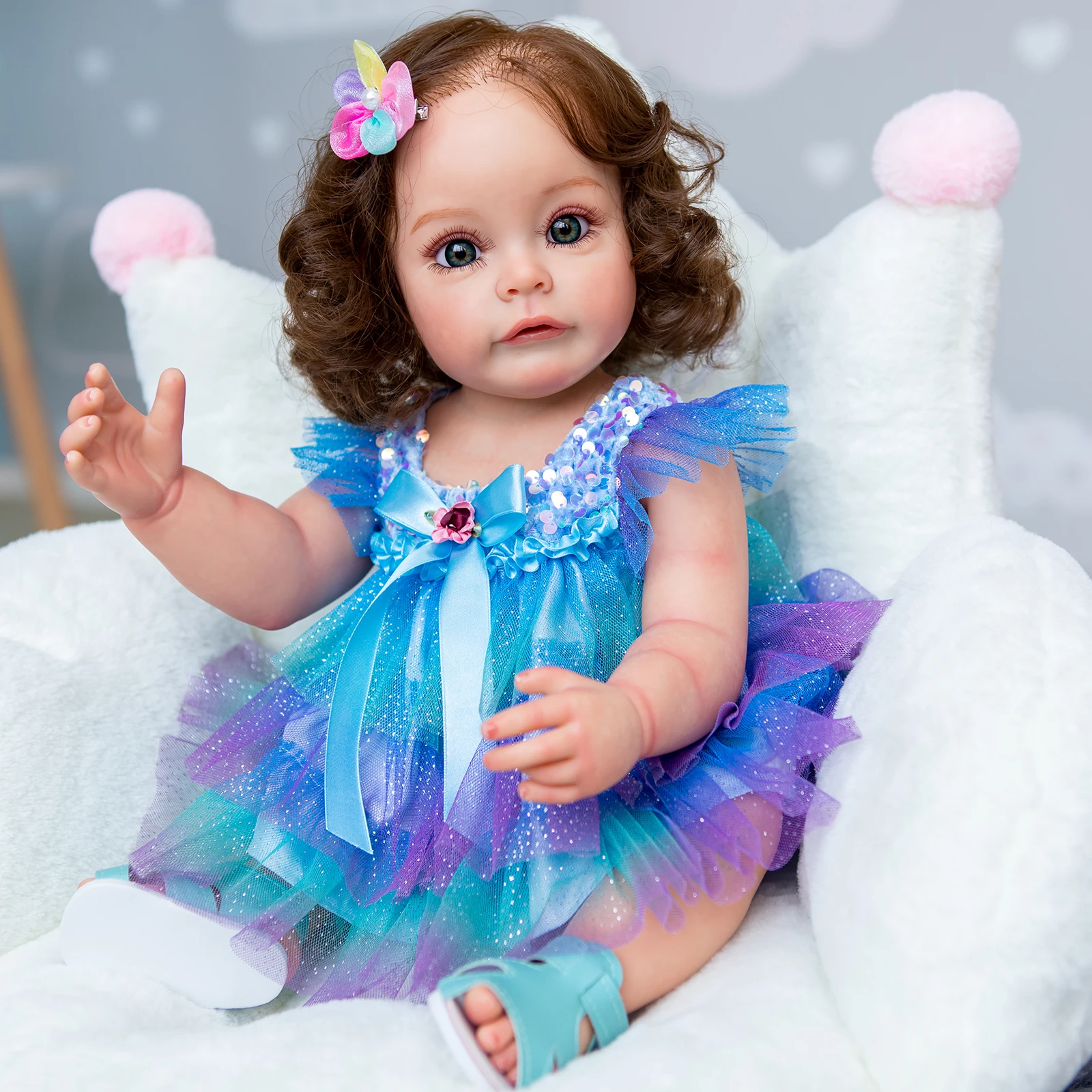

Finished 55CM Reborn Toddler Girl Sue-Sue Full body Silicone Princess Hand-detailed Paiting Rooted Hair waterproof Toy for Girls