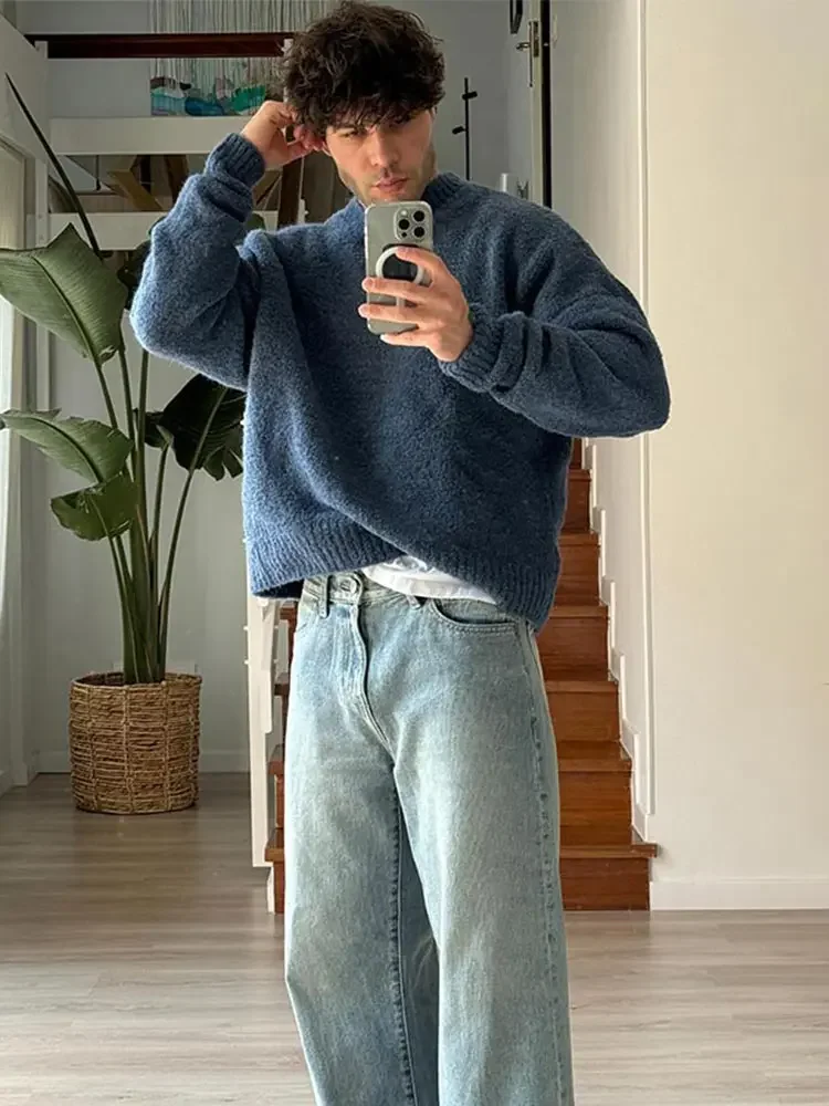 Мужская повседневная однотонная флисовая водолазка модный Свободный вязаный