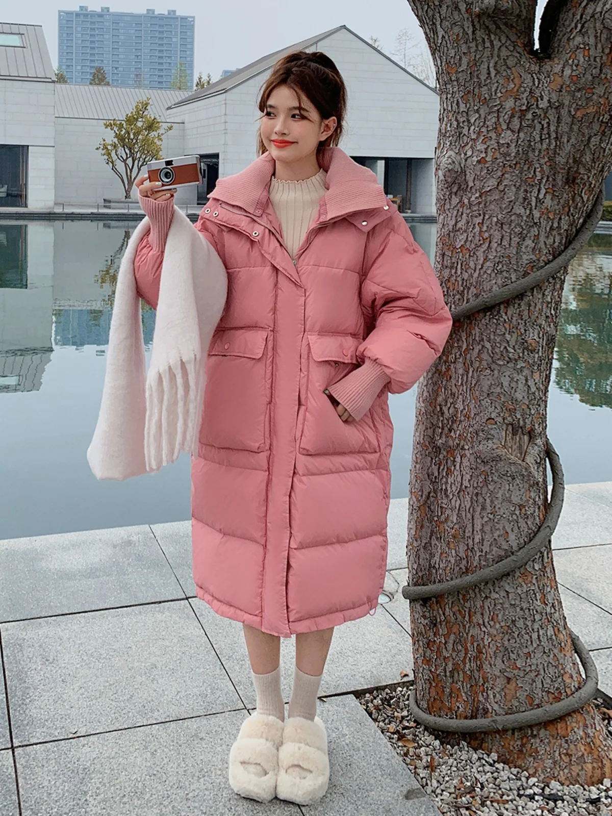 Pink Down jacket Women Winter New Loose Western Sle Small Thickened Mid-Length Hood 50 White Duck Down Outerwear