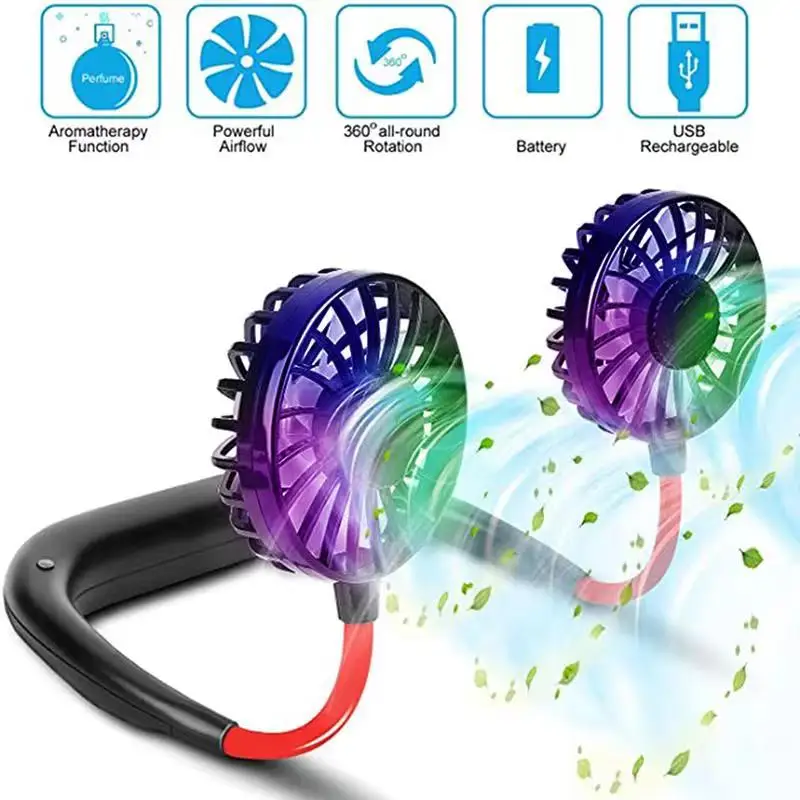 

USB Portable Fan Cold Fan Hands Free Neck Fan Hanging Rechargeable Mini Sports Fan 3-Speed Adjustable Neck Dual Fan Home Office