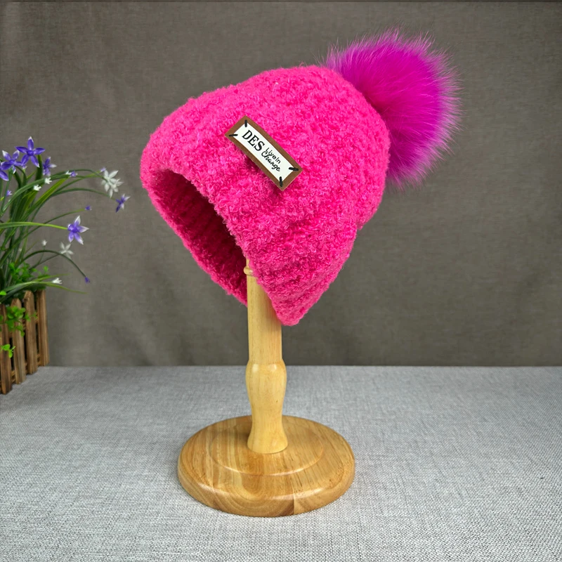 Теплая Шерстяная Вязаная Плюшевая Шапка-бини С Помпоном Из Натуральной Лисы