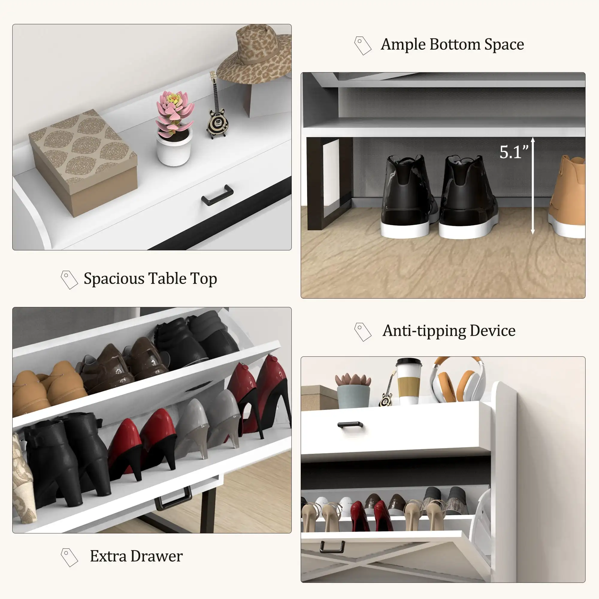 Современный белый шкаф для обуви с двумя откидными ящиками — полка отдельно