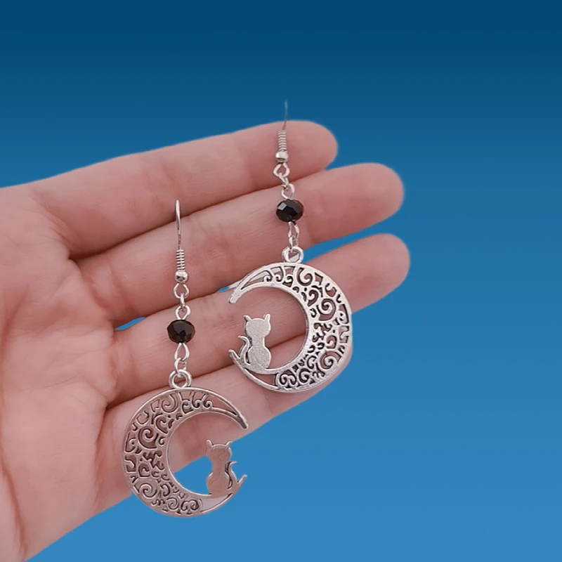

Silver Moon Earrings Black Cat Crescent Teardrop Earrings Filigree Cherry Minimalist Cat Favorite Gifts Fashionable Women