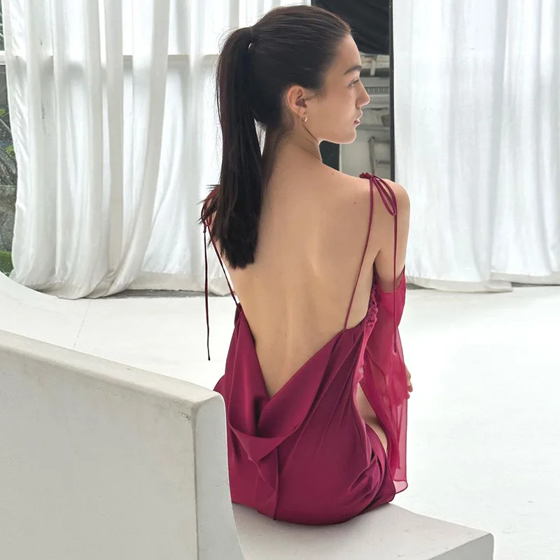 Temperament Mesh Backless Party Dress Sexy Fashion Pure Desire To Shrink Pleated Hip Wrap Dress