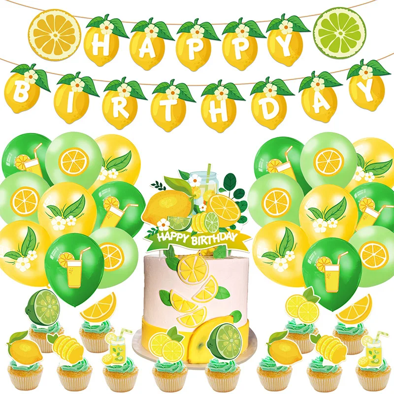 Lemon Birthday Party Balloon Set Banner Cake Topper Children Summer Baby Shower Happy 100 Days