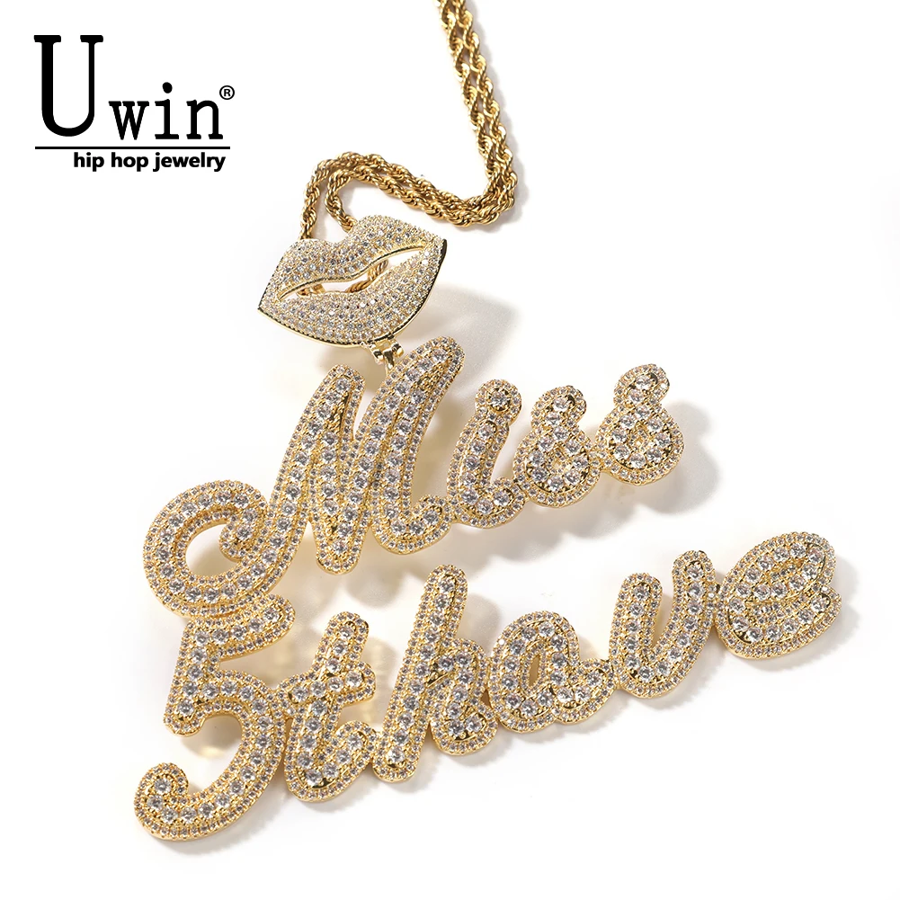 UWIN Custom Lips Clasp Brush Script Letter Pendant Two Tone DIY Name Micro Paved CZ Baguette Chain Necklace Hiphop Jewelry