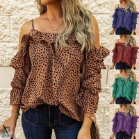 2021 ruffle print leopard long sleeve top elegant new summer sexy round neck off shoulder womens top women clothing large size