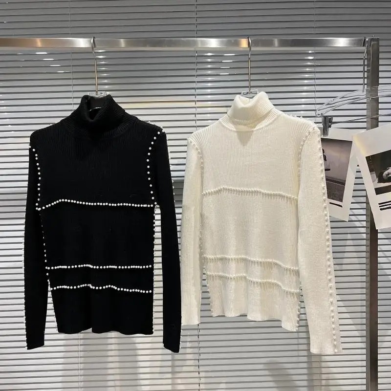 

Spring Winter New Pearls Stretch Knitted Sweaters Female Slim Fit Turtleneck Knit Pullovers for Women Black Knitwear Sweaters