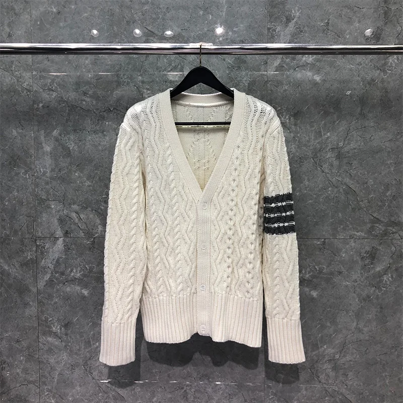 THOM TB Men's Sweater Autunm Winter Luxury Brand Women's Sweater Classic Aran Cable 4-Bar Stripes Cardigan White Loose Top