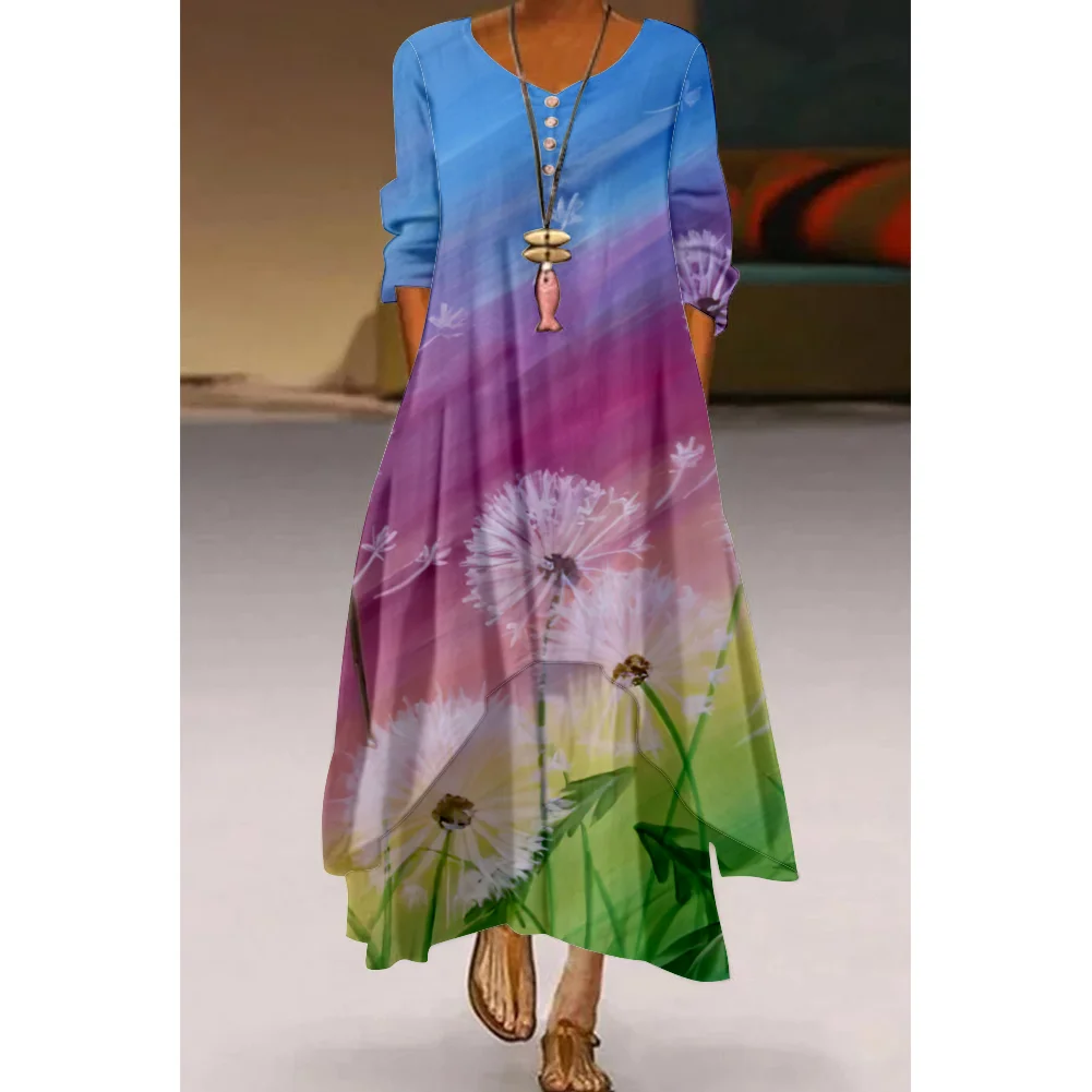 

2022 New Women's Paint Style Long Sleeve Spring Dress Cartoon Dress Knee Length Dress s-5xl Loose Casual Dress