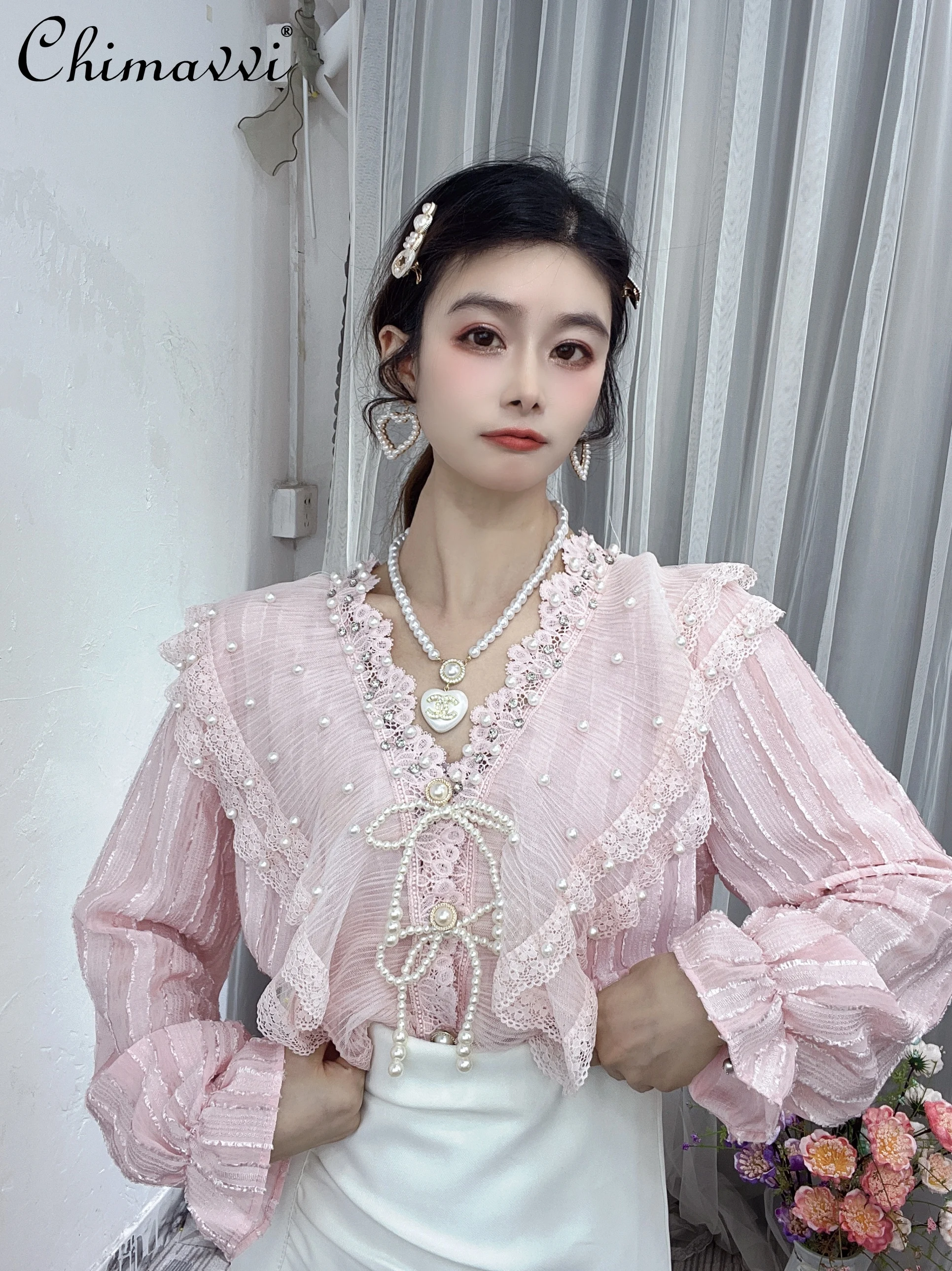 

2022 Spring New Ladies Korean Style Fashion Sweet Beading Lace Shirt Women Fairy V-neck Pearl Bow Bell Sleeve Ruffle Blusas Top