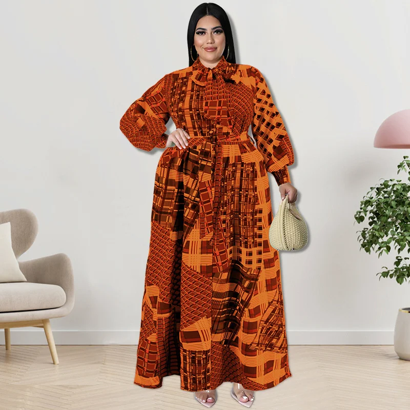 Plus Size Women's Dresses Fashion Casual Long Sleeve Digital Print Dress Elegant Bow Tie A-line Dresses For Large Size Female