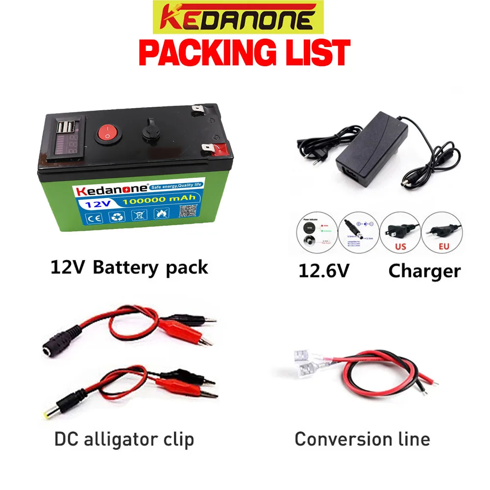 

12V 100Ah portable super charging 18650 lithium-ion battery pack closed-circuit TV, camera, monitor, spray, DC 12.6V charger