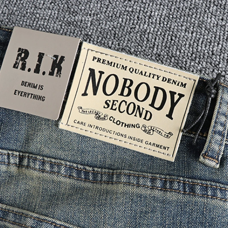 Pocket patch American retro old washed blue jeans men's fit small straight joker four seasons green trousers