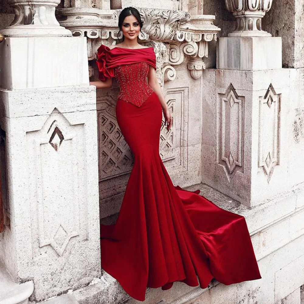 

Женское вечернее платье-русалка, красное платье с вырезом лодочкой и блестками, расшитое бисером, со шлейфом, в арабском стиле, для выпускного вечера